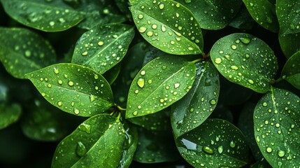 Fototapeta premium A close-up of fresh green leaves with droplets of water, symbolizing purity, nature, and the rejuvenating qualities of nature.