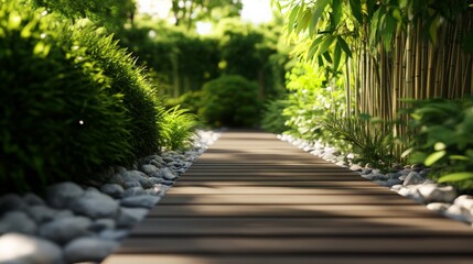 Obraz premium Tranquil wooden pathway surrounded by lush greenery, bamboo stalks, and white pebbles, evoking a peaceful and serene garden atmosphere.
