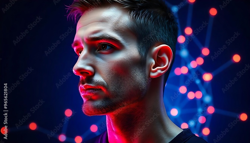Fototapete portrait of man male face side view on dark blue banner background with copy space for text, glowing
