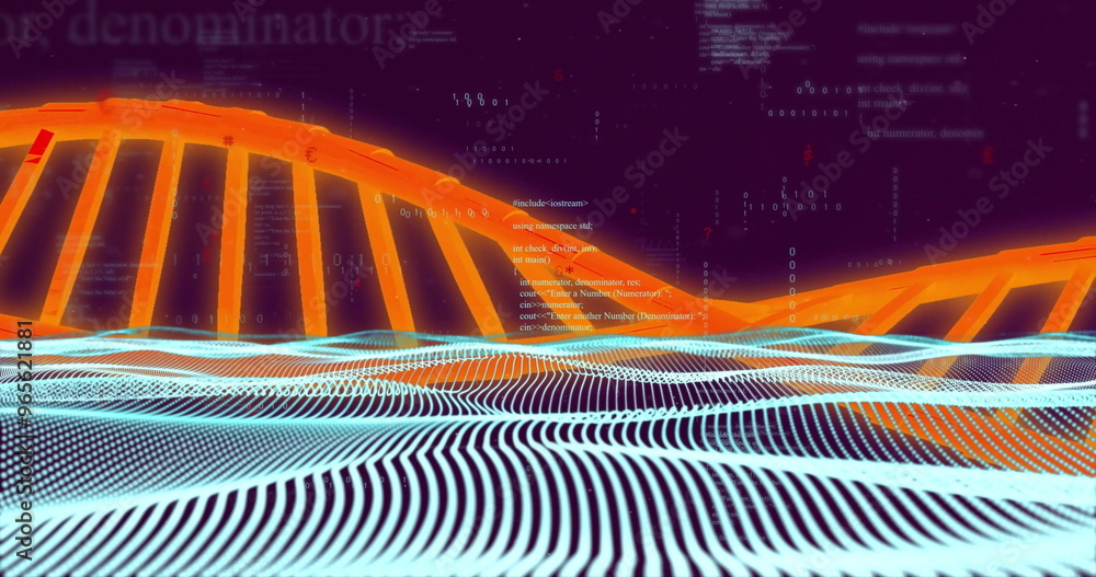 Poster dna strand and binary coding over abstract digital landscape