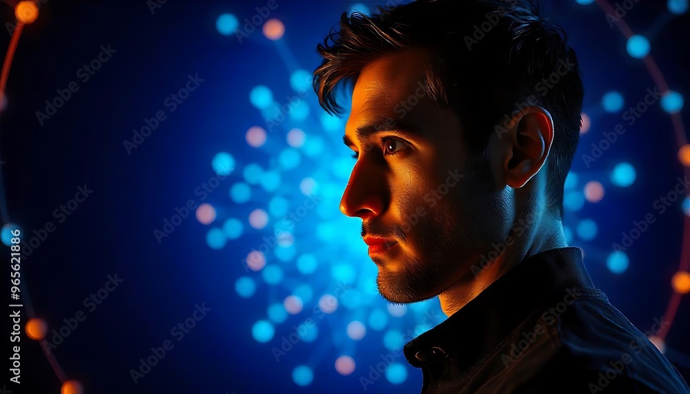 Fototapete Portrait of man male face side view on dark blue banner background with copy space for text, glowing neon network nodes. cyberspace, illustration created with generative ai