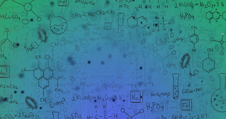 Chemical formulas and molecular structures over abstract scientific image background