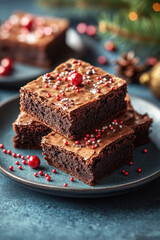 Festive chocolate brownies topped with colorful sprinkles, surrounded by pinecones and holiday decor, perfect for seasonal dessert themes.