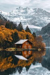 Fototapeta premium A small wooden cottage in front of a snow capped moutain at a beautiful lake with reflection 