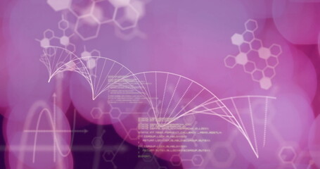 DNA strand and hexagonal shapes over purple background
