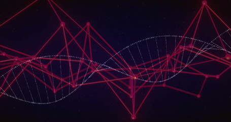 Red and white network connections forming abstract shapes over dark background