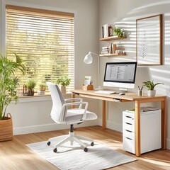 Modern Home Office with Wooden Desk and White Chair.