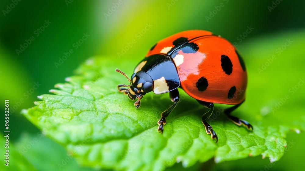 Poster a colorful ladybug crawling on a leaf, with its bright red shell and black spots standing out agains