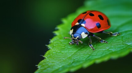 Fototapeta premium A colorful ladybug crawling on a leaf, with its bright red shell and black spots standing out against the green foliage.