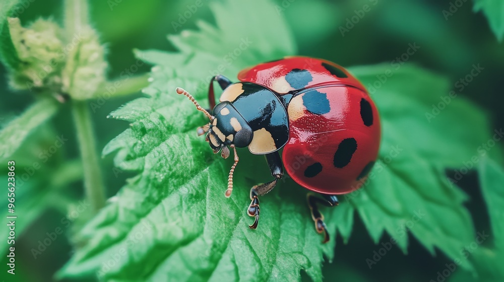 Poster a colorful ladybug crawling on a leaf, with its bright red shell and black spots standing out agains