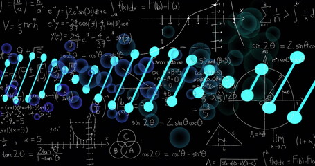 Mathematical equations and graphs with DNA strand image over black background