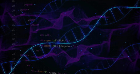 DNA strands and HTML code over digital data visualization