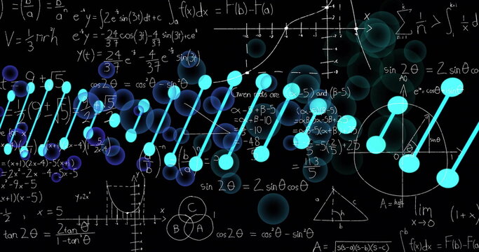 Mathematical equations and graphs with DNA strand image over black background
