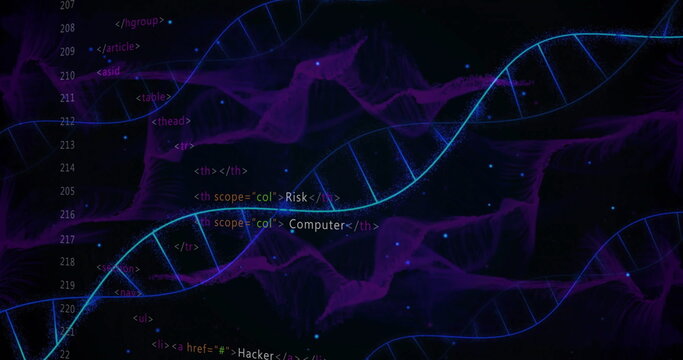 DNA strands and HTML code over digital data visualization - Powered by Adobe