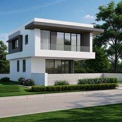 Fototapeta premium Modern luxury house with a well-manicured lawn..