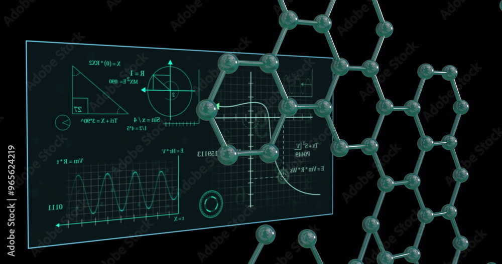 Poster scientific data and geometric graphs over molecular structure image