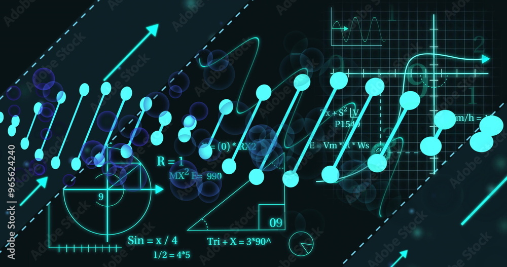 Poster mathematical equations and graphs over abstract image of connected dots and lines