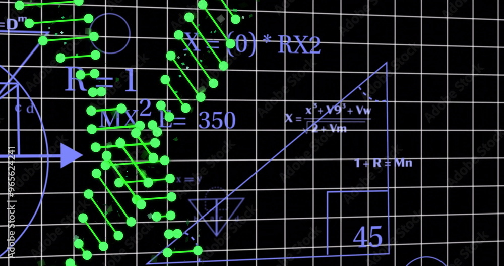 Poster mathematical formulas and graphs with green data points over black grid background