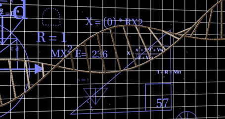 DNA strand over mathematical equations and geometric shapes on black background