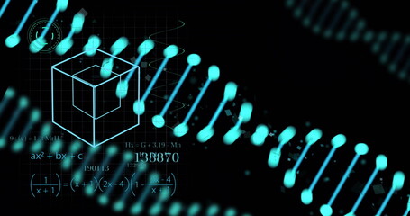 DNA strand and mathematical formulas over black background