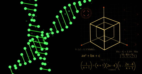 DNA strand and mathematical formulas over geometric shapes and equations