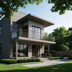 Fototapeta premium Modern luxury house with a well-manicured lawn..