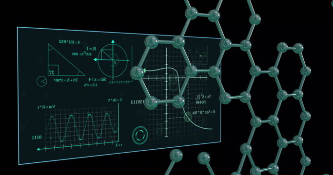 Scientific data and geometric graphs over molecular structure image - Powered by Adobe