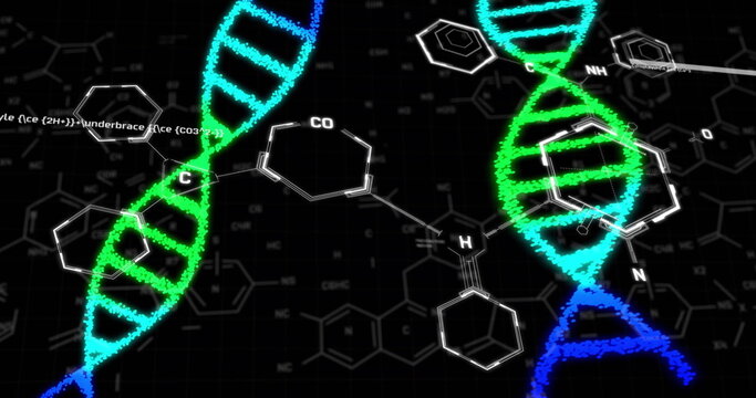DNA strands and molecular structures, scientific data processing image