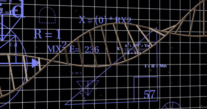 DNA strand over mathematical equations and geometric shapes on black background - Powered by Adobe