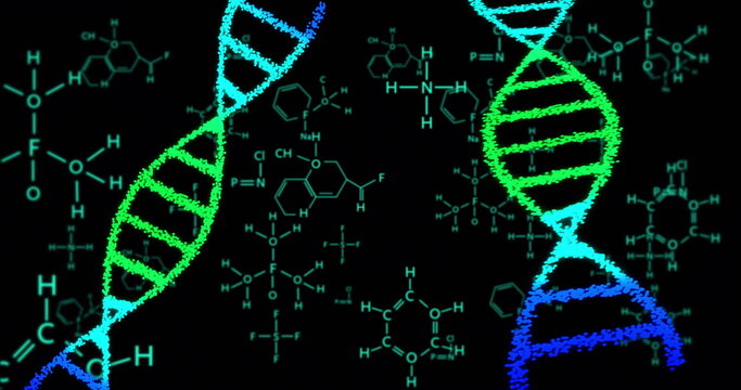 DNA strands and chemical structures, scientific data processing - Powered by Adobe