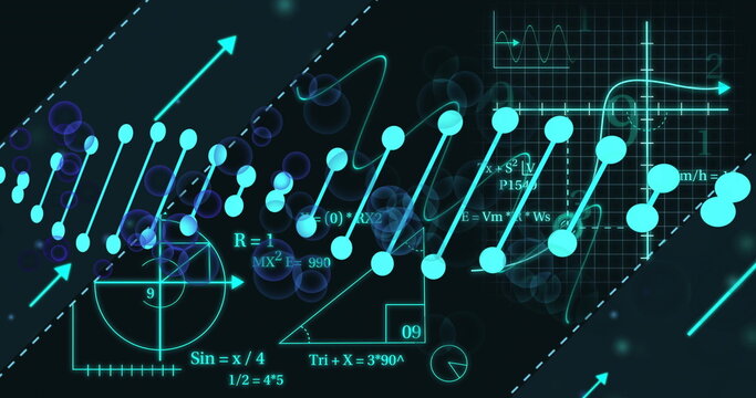 Mathematical equations and graphs over abstract image of connected dots and lines - Powered by Adobe