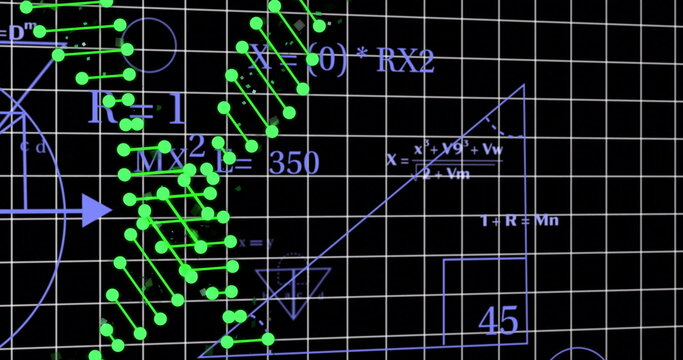 Mathematical formulas and graphs with green data points over black grid background - Powered by Adobe