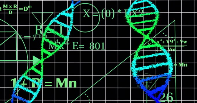 DNA strands and mathematical equations over green grid background - Powered by Adobe