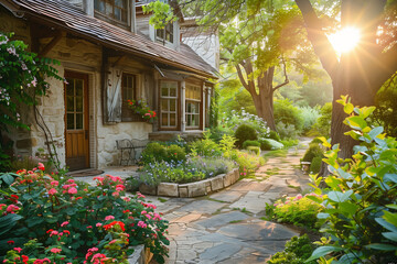 A Charming Cottage is Beautifully Surrounded by Brightly Blossoming Flowers in Bloom. Generative AI