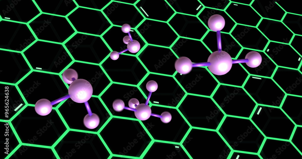 Poster molecular structures image over glowing green hexagonal grid
