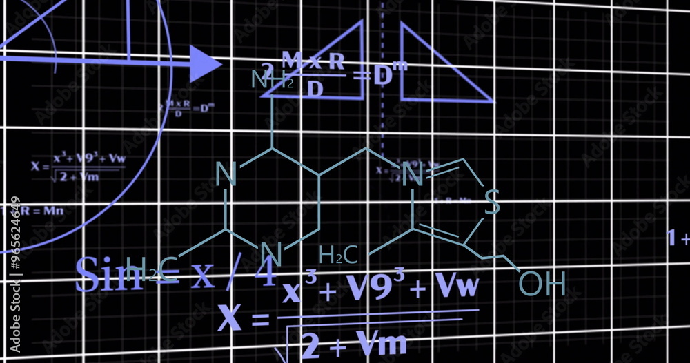 Poster chemical formulas and mathematical equations over grid background