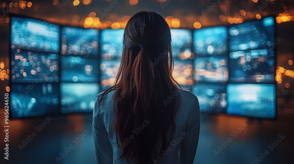 Poster back view of woman watching multiple computer screens in a dark monitoring room