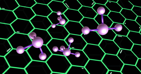 Molecular structures image over glowing green hexagonal grid
