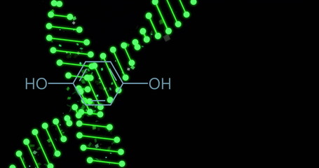 DNA strand and chemical structure image over black background