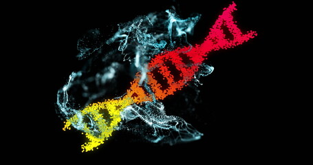 Colorful DNA strand image with particles and smoke effects on black background