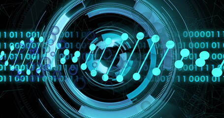 Binary code and circular digital interface with data points, futuristic image