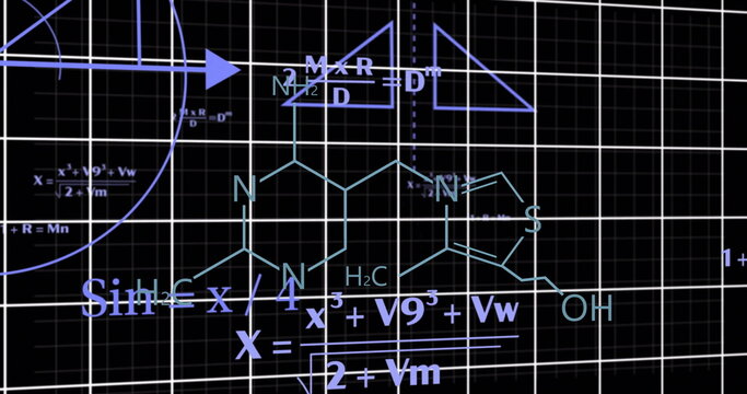 Chemical formulas and mathematical equations over grid background