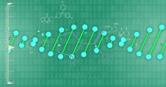 DNA strand and chemical formulas over green background with binary coding - Powered by Adobe