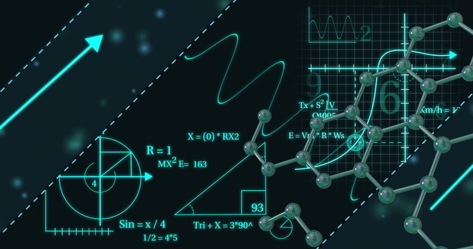 Mathematical equations and molecular structure over scientific data and graphs - Powered by Adobe