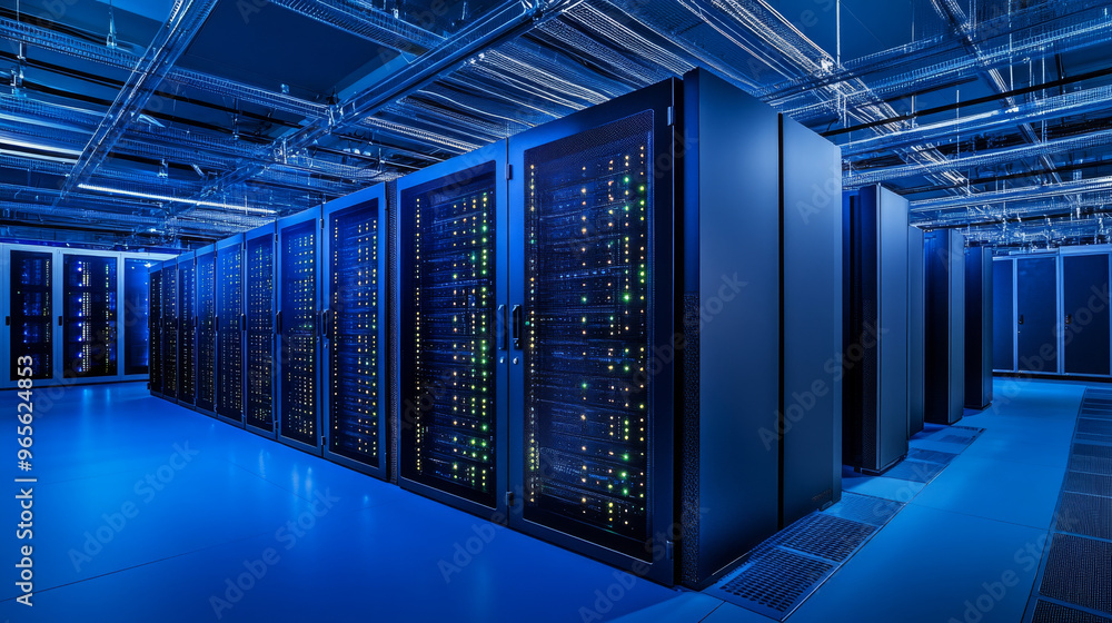 Poster a large, modern data center with powerful servers. these servers are used for artificial intelligenc