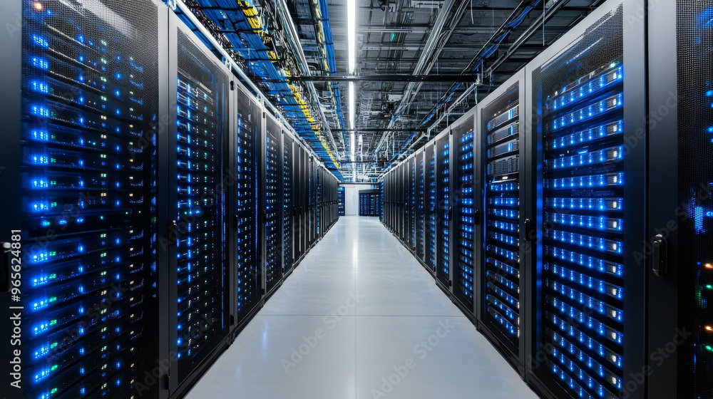 Poster a large, modern data center with powerful servers. these servers are used for artificial intelligenc