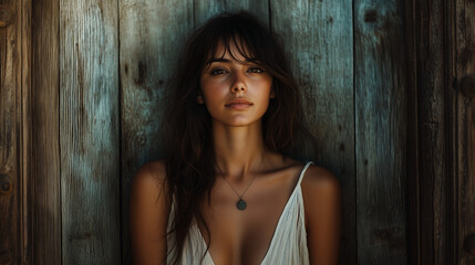 Fototapeta premium Young Woman in White Dress Against Rustic Barn Door with Soft Lighting