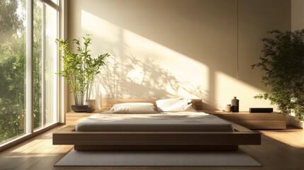 Fototapeta premium A contemporary bedroom with a platform bed and minimalist design, showcasing a simple yet elegant style with natural light streaming through large windows