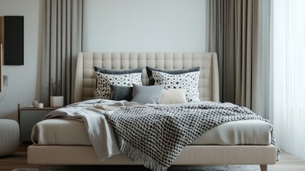 A cozy bedroom featuring a modern, upholstered bed frame with a stylish headboard, decorated with patterned throw pillows and a soft blanket.