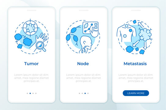 TNM system blue onboarding mobile app screen. Cancer walkthrough 3 steps editable graphic instructions with linear concepts. UI, UX, GUI template. Montserrat SemiBold, Regular fonts used